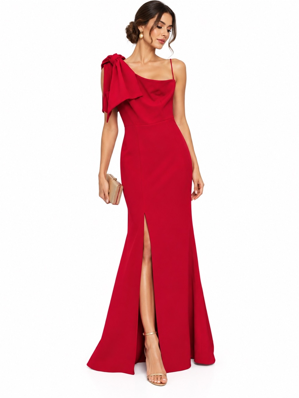 Red One-Shoulder Evening Gown with Bow Detail